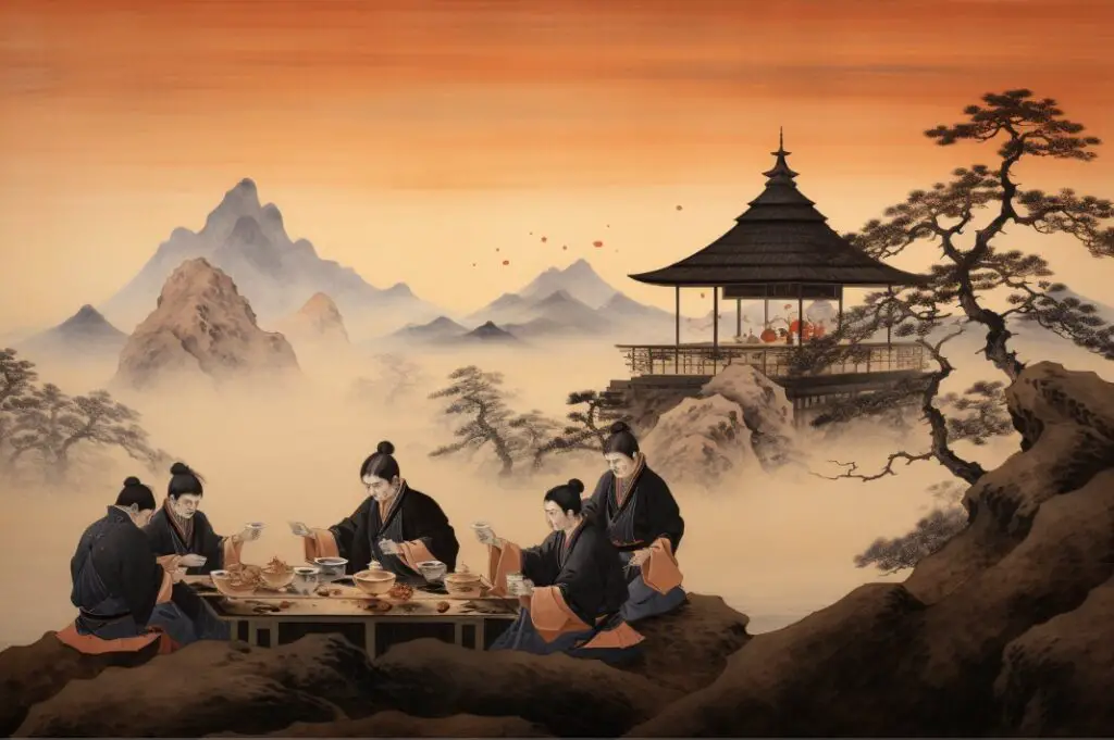 Traditional japanese painting showing Sake enjoyed in ancient japan.